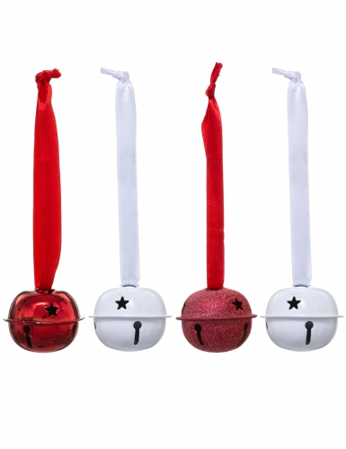 4 suspensions grelots blancs et rouges avec ruban 4 cm pour sapin