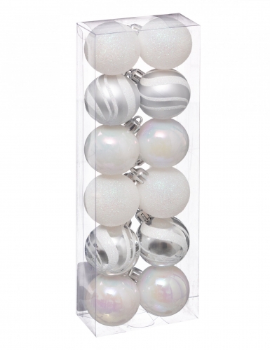 12 mini boules de noël blanches et argentées 4 cm pailletées
