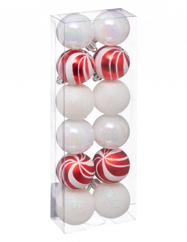 12 mini boules de noël blanches et rouges 4 cm pailletées