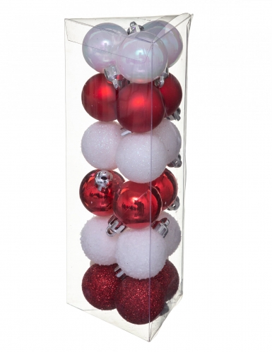 18 mini boules de noël blanches et rouges 3 cm mat et pailleté