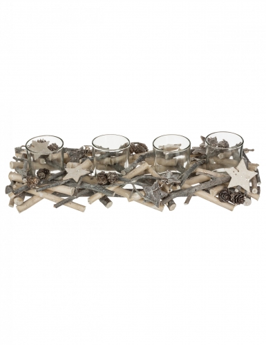 Centre de table 4 photophores sur buche 38 cm bois naturel