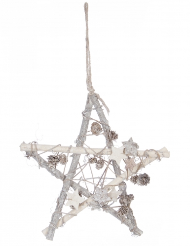 Suspension en bois étoile polaire 28 cm blanche et argentée