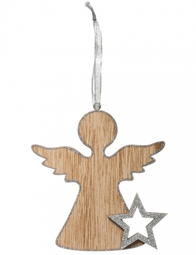 Suspension en bois ange argenté 11 cm pour sapin de Noël
