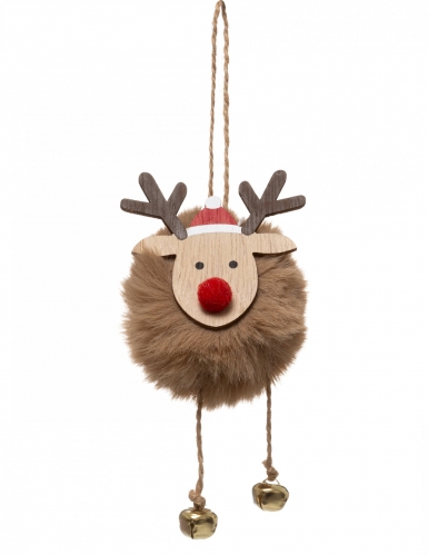 Suspension petit renne de Noël pompon 13 cm et grelots