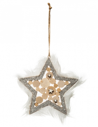 Suspension étoile en bois et argent fourrure 12 cm pour sapin