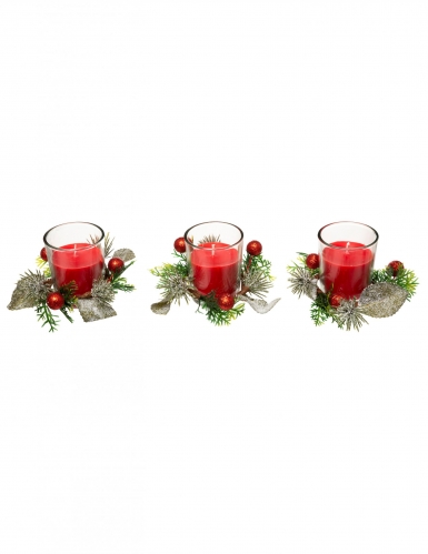 3 bougies rouges avec sapin et baies 6 cm en photophore