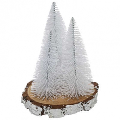 Décoration sapins blancs sur rondin 20 x 15 cm centre de table