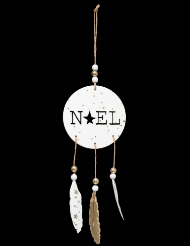 Suspension en bois Noël boho et plumes 28 cm blanc et doré