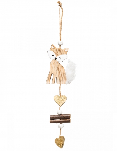 Décoration à suspendre en bois joli renard 20 cm, cœurs dorés et perles