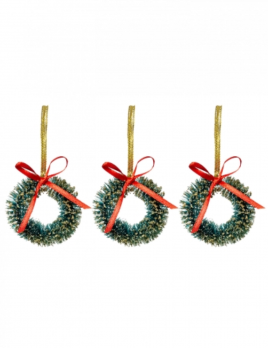 3 suspensions couronnes de sapin 5 cm avec noeud rouge