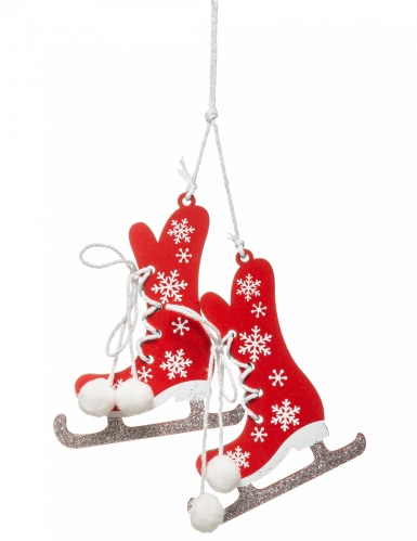 Suspension en bois patins à glace rouge et blanc 10 cm avec pompons