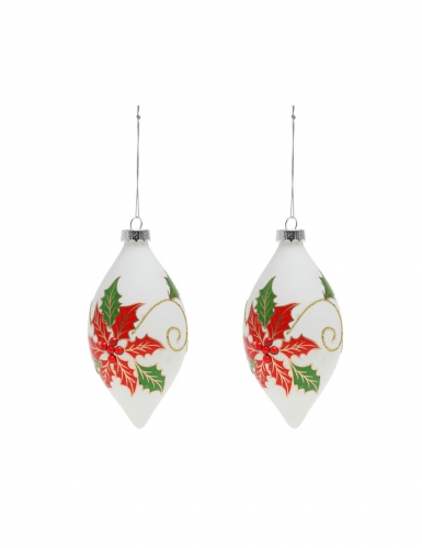 2 boules en verre goutte blanches avec houx 13 cm décoration sapin