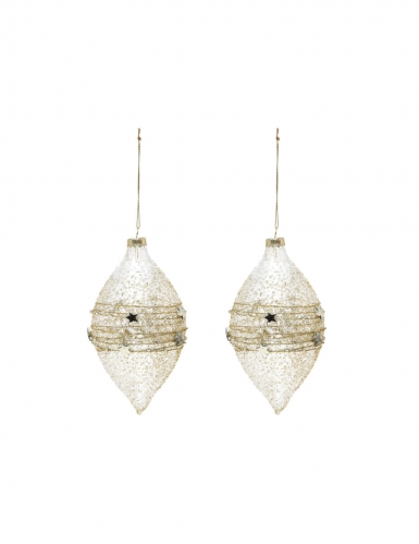 2 boules en verre goutte dorées 15 cm avec étoiles