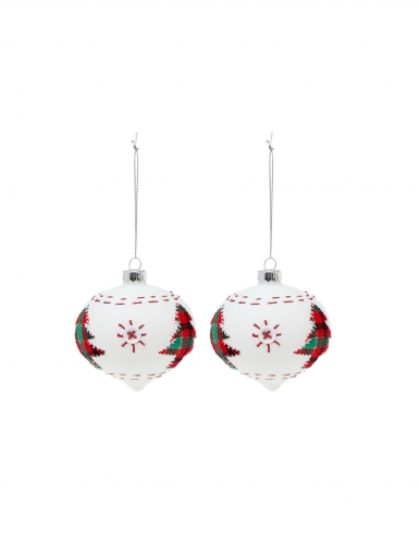 2 boules en verre blanches avec sapins 8 cm, décoration de Noël