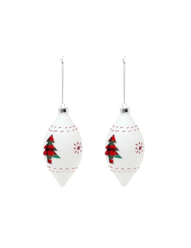 2 boules en verre goutte blanches avec sapins 13 cm décor traditionnel