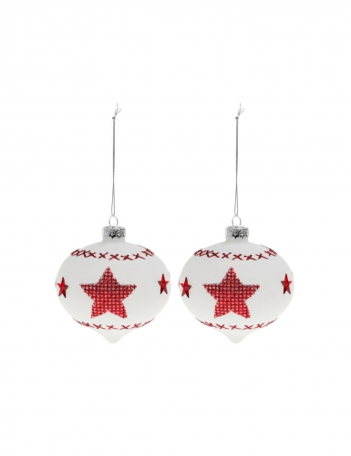 2 boules en verre blanches avec étoiles rouges 8 cm