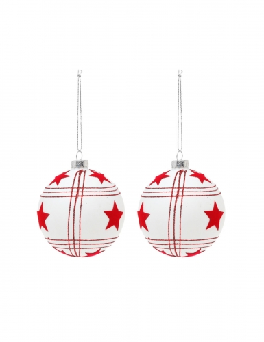 2 boules en verre blanches avec étoiles rouges 8 cm pour sapin