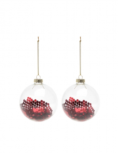 2 boules en verre avec paillettes rouges 8 cm pour sapin de noël