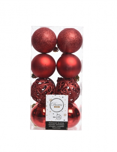16 petites boules de noël rouges 6 cm, finitions variées