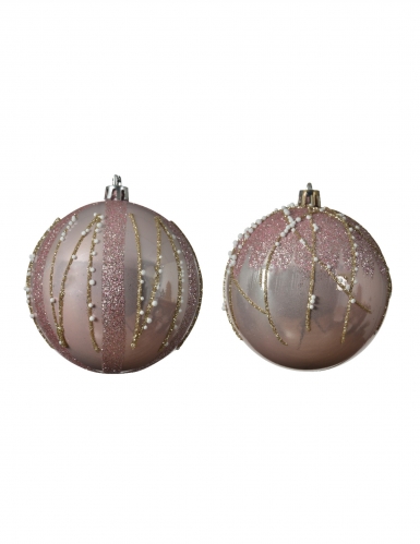 4 boules de noël paillettes rose et or 8 cm avec perles