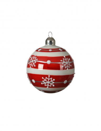 3 boules de noël en verre rayées rouge et blanc flocons 8 cm pour sapin