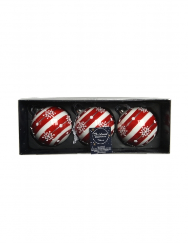 3 boules de noël en verre rayées rouge et blanc flocons 8 cm pour sapin