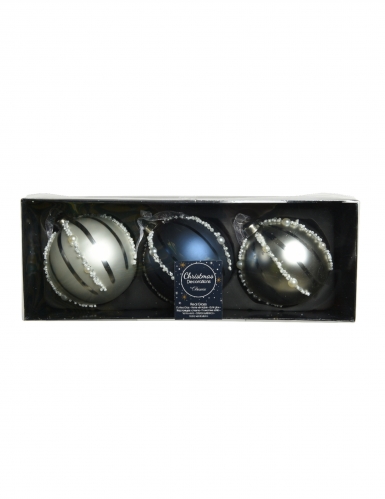 3 boules de Noël en verre bleu marine et argent avec perles 8 cm effet nacré