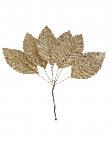 6 feuilles sur tige paillettes champagne 19 cm pour Noël