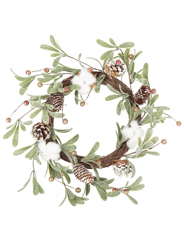 Couronne végétale fleurs de coton 40 cm et pommes de pin