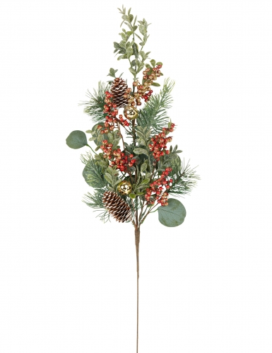 Branche traditionnelle eucalyptus grelots et pommes de pin 70 cm décorative