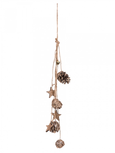 Suspension pommes de pin paillettes cuivre 50 cm et étoiles bois