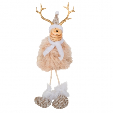 Décoration cerf en bois et fourrure 15,5 cm avec bonnet