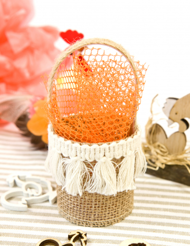 Panier en toile de jute champêtre et pompons blancs 12 x 5,5 cm