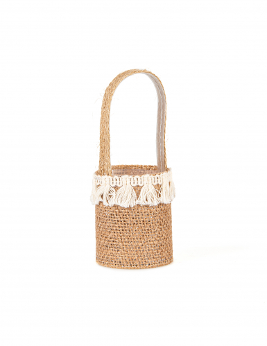 Panier en toile de jute champêtre et pompons blancs 12 x 5,5 cm