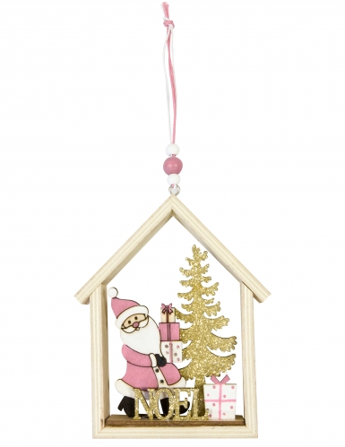 Suspension en bois maison du Père Noël rose 13 x 11 cm à paillettes