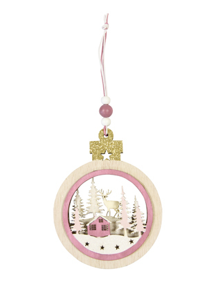 Suspension boule en bois village de Noël rose 11,9 x 9 x 1 cm pour sapin