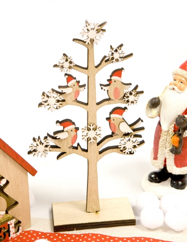 Décoration en bois arbre avec oiseaux perchés et flocons de Noël 18 x 11 x 4 cm