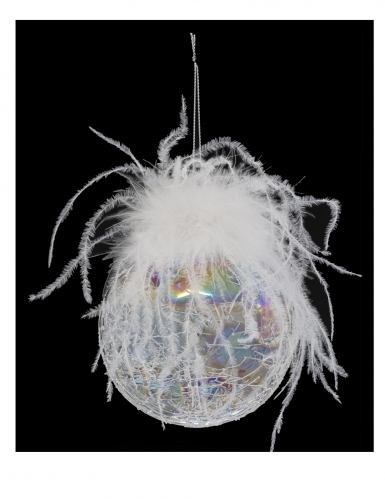 Boule de noël en verre irisée et plumes 10 cm craquelée