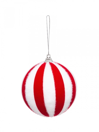 Boule de noël rayée rouge et blanche 8 cm en fausse fourrure