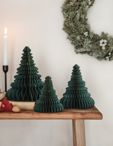 Décoration en papier alvéolé sapin de noël 15 cm vert et doré