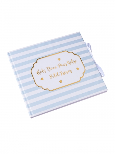 Livre d'or petit trésor rayé bleu et dorure 22 x 19,5 cm baby shower