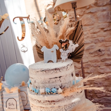 12 pics petit trésor bleus, blancs et dorés 12 cm pour baby shower
