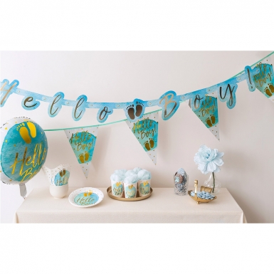 10 assiettes en carton hello boy bleu et or 23 cm baby shower