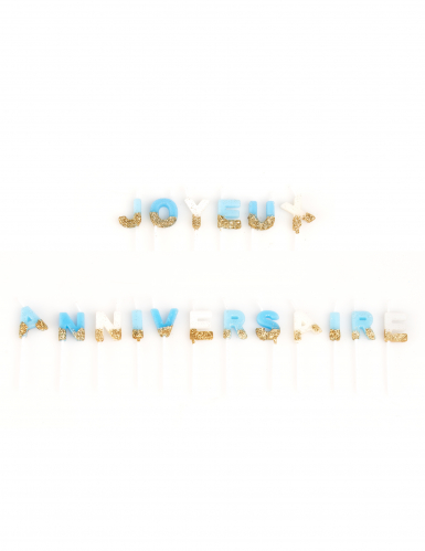 Bougies joyeux anniversaire blanc bleu et paillettes or 4,3 cm sur pic