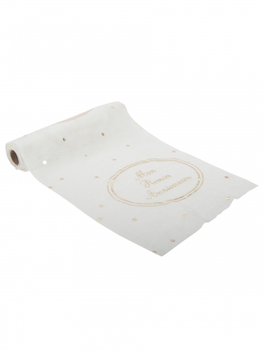 Chemin de table gaze de coton mon premier anniversaire blanc et or 28 cm x 5 m