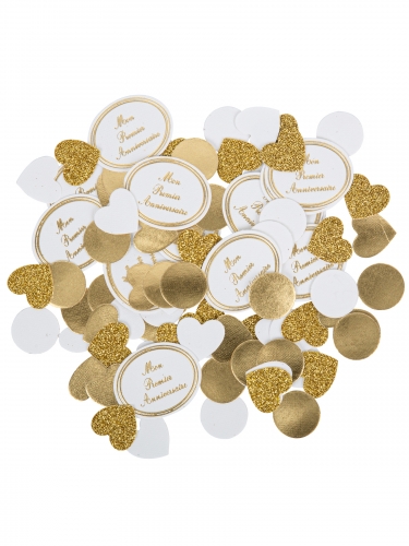 100 confettis mon premier anniversaire blancs et dorés pour table