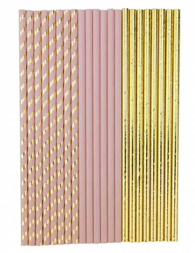 22 pailles en carton rose poudré et or 19,5 cm pour anniversaire