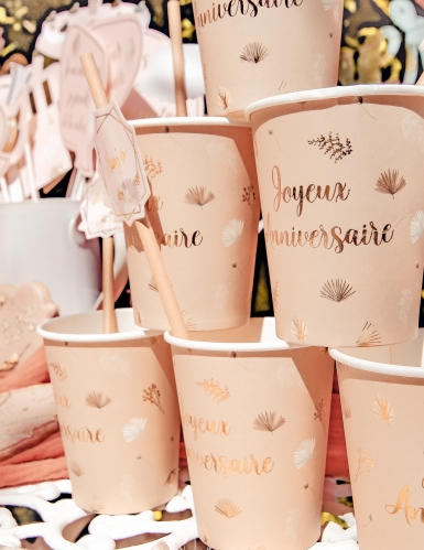 8 gobelets joyeux anniversaire boho blush et or 255 ml en carton