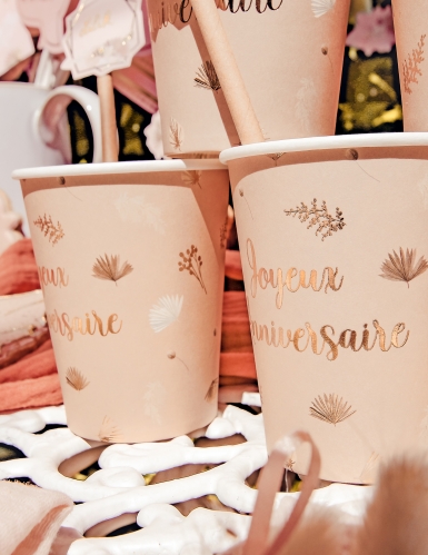 8 gobelets joyeux anniversaire boho blush et or 255 ml en carton