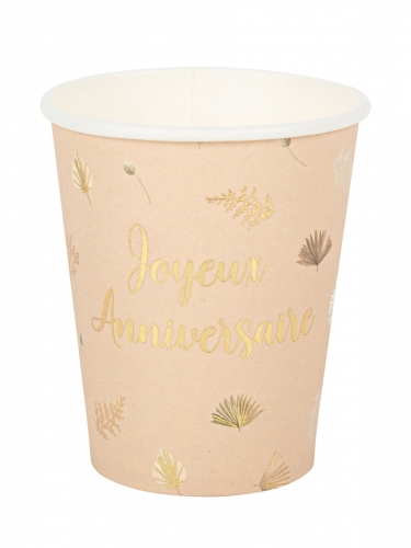 8 gobelets joyeux anniversaire boho blush et or 255 ml en carton